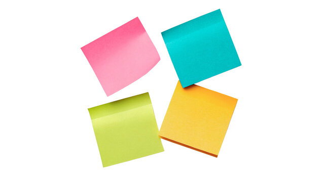 Group of colorful square blank sticky reminder note papers isolated on transparent background cut out