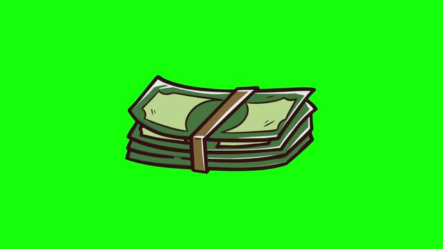 Animated flying money and cash stack graphics on a green screen for financial video content.