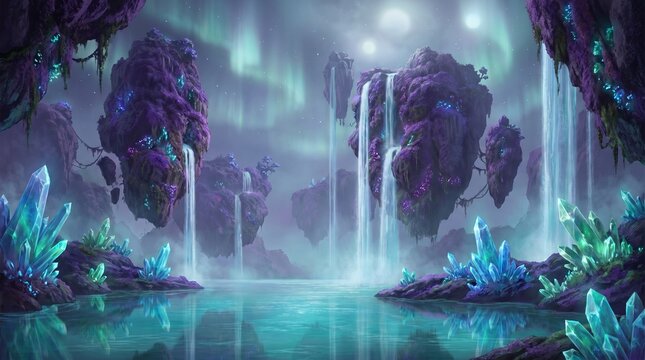 Extraterrestrial Alien Oasis with Floating Islands, Crystal Waterfalls and Glowing Shoreline Formations