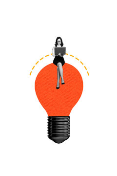 Vertical composite artwork collage image picture of mini lady use laptop huge light bulb isolated on creative background