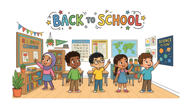 Back to School Excitement: Diverse group of happy children, eager to learn, stand in a vibrant classroom adorned with educational posters, celebrating the start of a new academic year.