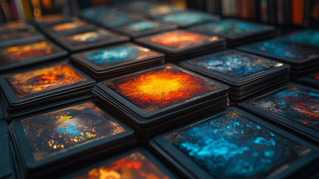 Stacks of colorful square tiles with abstract designs