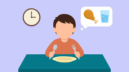 Hungry child waiting for a meal, imagining chicken and water with a clock