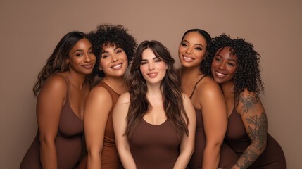 Obraz premium Four women with different skin tones and hair textures posing closely in brown outfits. Concept of unity, skin care diversity, and inclusive aesthetic standards.