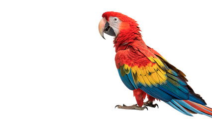 Full body profile of scarlet macaw parrot perched on branch isolated on transparent background cut out © Ivan