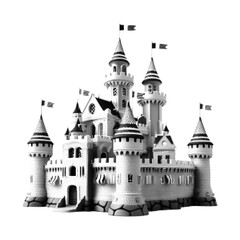 Obraz premium Fantasy fairy tale castle illustration in monochrome halftone style. Medieval palace architecture isolated on light background for children, fantasy and storybook themes.