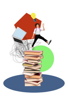 Vertical photo collage of happy teenage schoolboy literature subject book supplies macbook light bulb idea isolated on painted background
