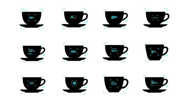 Digital technology tea cup silhouettes with light blue glowing hud interface elements futuristic coffee mug vector icons set for scifi and hi tech concepts