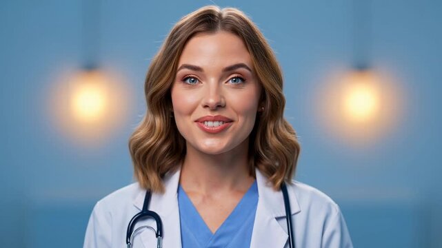 Smiling Female Doctor in Scrubs and Lab Coat with Stethoscope, Healthcare Professional Portrait.