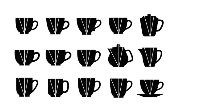 Geometric line art coffee cup and teapot silhouettes for modern cafe branding and minimalist beverage design concepts featuring sharp triangular patterns and shapes