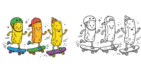 Cute Cheese Stick Characters Skateboarding Cartoon Illustration with Black and White Line Art for Kids Educational Coloring Book Page © MstKhalada