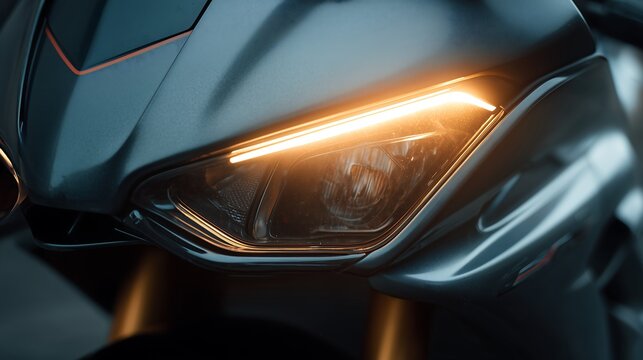 Luxury sport motorcycle headlight detail with sleek aerodynamic design, dark moody lighting, and cinematic premium automotive showcase.