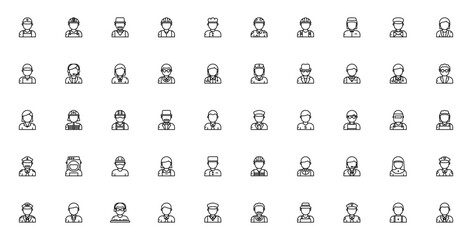 Business Avatars icon set. Professional character icons pack. Minimalist line art vector. Featuring loader, miner, showman, mechanic, chef, soldier and more. Editable vector stroke. © wang