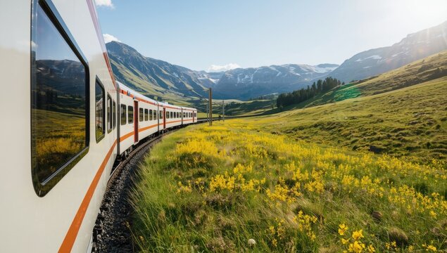 Sleek white and orange train traveling through green valley with mountains