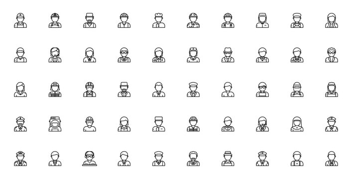 Business Avatars icon set. Professional character icons pack. Minimalist line art vector. Featuring loader, miner, showman, mechanic, chef, soldier and more. Editable vector stroke.