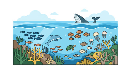 Naklejka premium Colorful cartoon illustration of diverse marine life and coral reef under the ocean surface. EPS Editable. Vector Illustrations.