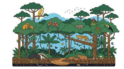 Naklejka premium Colorful rainforest ecosystem vector illustration showing diverse jungle wildlife and forest layers. EPS Editable. Vector Illustrations.