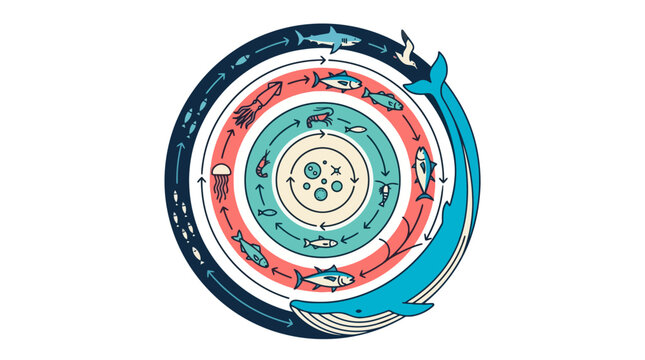 Circular marine food web diagram illustrating the ocean ecosystem and life cycle of aquatic animals. EPS Editable. Vector Illustrations.