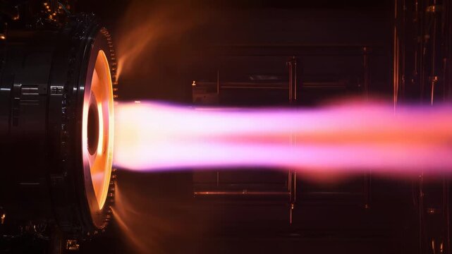 Advanced space propulsion engine expelling a bright violet orange plasma jet, producing powerful thrust for high tech spacecraft testing, research, and deep space exploration