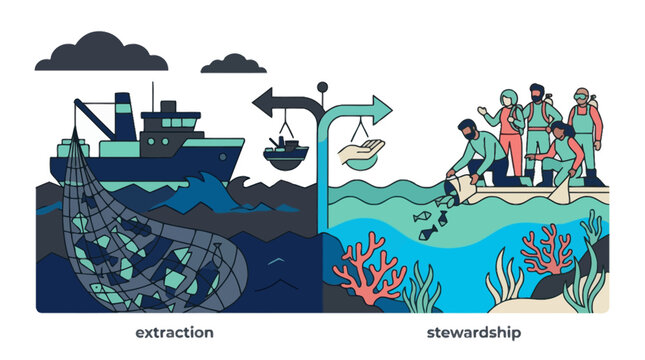 Comparison illustration of marine extraction versus ocean stewardship showing overfishing and conservation efforts. EPS Editable. Vector Illustrations.