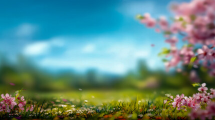 Obraz premium A serene spring meadow with vibrant pink cherry blossoms framing a lush green field under a bright blue sky filled with soft, scattered clouds on a sunny day