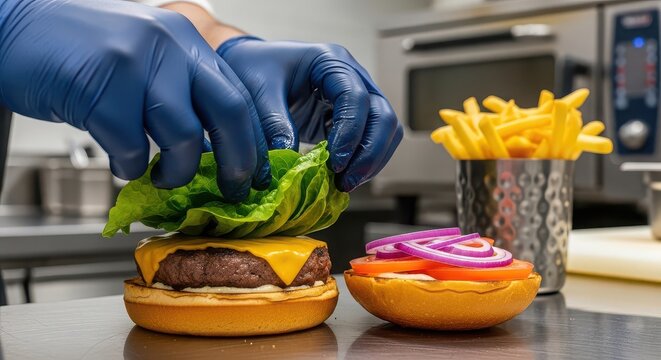 A chef in blue gloves assembles a burger with lettuce and cheese while another sits with onions.