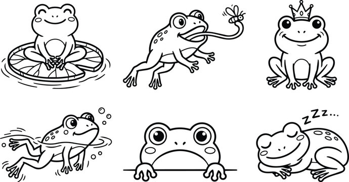 Frogs in playful black and white line art collection featuring six poses
