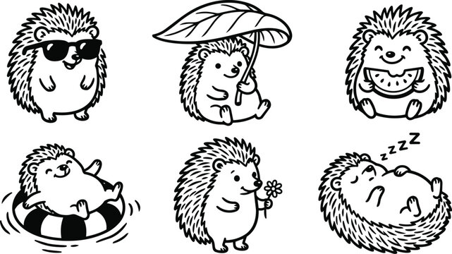 Six hedgehogs in black and white line art vector illustration