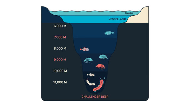 Ocean depth zones diagram showing marine life down to the Challenger Deep trench. EPS Editable. Vector Illustrations.