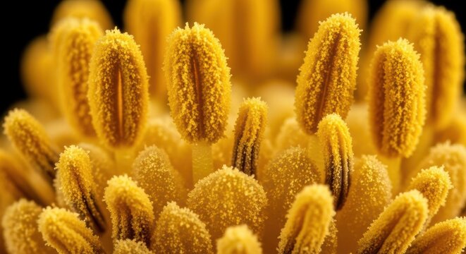 Extreme macro photography of yellow flower stamens and pollen grains on a dark background showing intricate botanical details