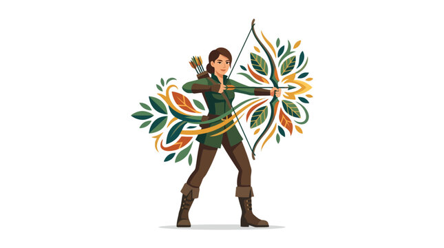 Stylized illustration of a female archer aiming a bow and arrow surrounded by colorful leaves. EPS Editable. Vector Illustrations.