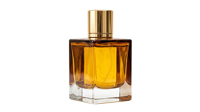 Glass perfume bottle with golden cap on transparent background