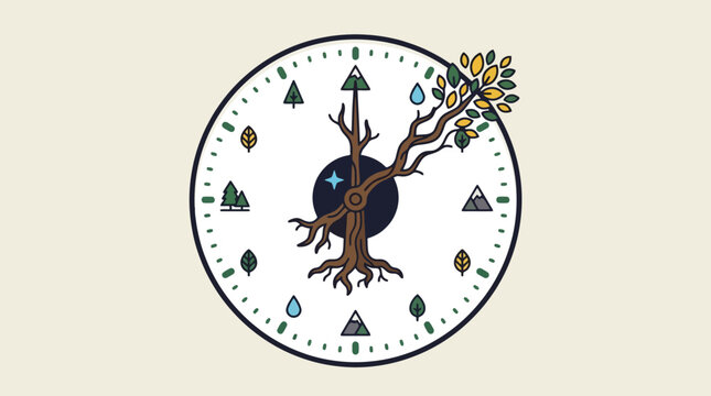 Stylized nature clock illustration representing the passage of time and changing seasons with tree branches. EPS Editable. Vector Illustrations.
