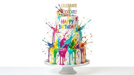 Fototapeta premium Vibrant Rainbow Drizzle Cake Celebrating Happy Birthday With Celebrate & Create Message