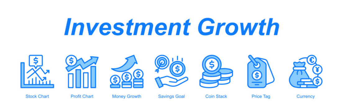 Investment Growth banner web icon vector illustration concept with an icon of Stock Chart, Profit Chart, Money Growth, Savings Goal, Coin Stack, Price Tag, Currency