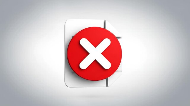 Red Cross Mark on White Paper Document Icon Symbol.