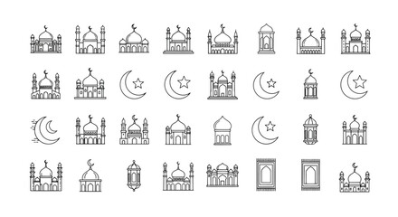 Islamic line icons set, 32 mosque and ramadan symbols, minimalist crescent moon and lantern vector elements for eid mubarak greeting cards © ZINIYAISLAM