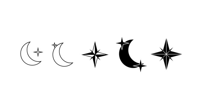 Celestial minimalist moon and star icons, mystical crescent moon vector set, black and white celestial symbols for astrology and branding