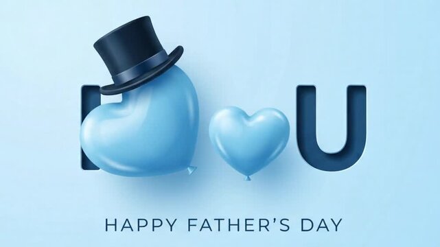 Happy fathers day greeting card with blue heart balloons and top hat