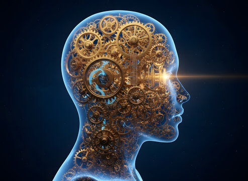 Human Mind as Mechanical Clockwork - Transparent Head with Golden Gears Representing Intelligence and Thinking Process