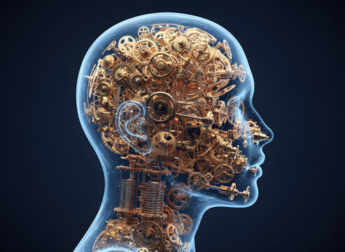 Transparent Human Head with Golden Clockwork Gears Brain Mechanism - AI Intelligence Concept 3D Render