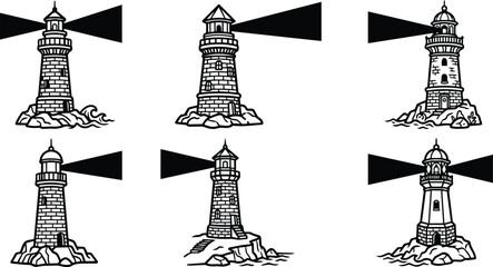 Fototapeta premium Six lighthouse line art illustrations with beacon beams