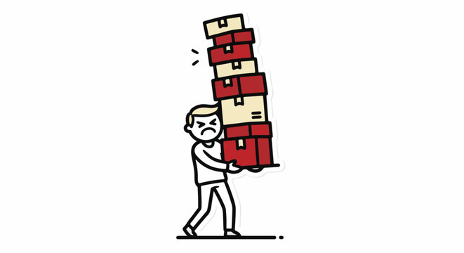 Overwhelmed man carrying heavy stack of boxes.