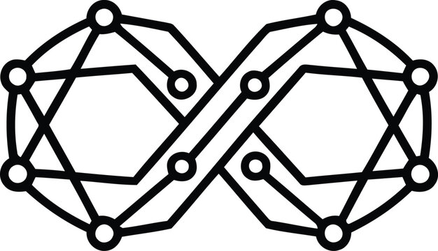 Digital infinity symbol with circuit board lines, futuristic tech loop icon, black and white geometric network vector for software development