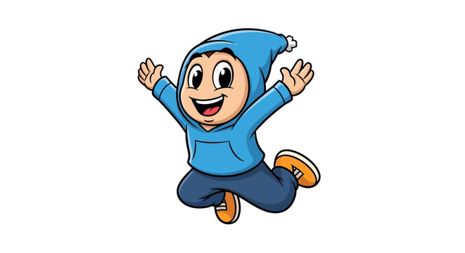 Smiling cartoon character in blue hoodie.