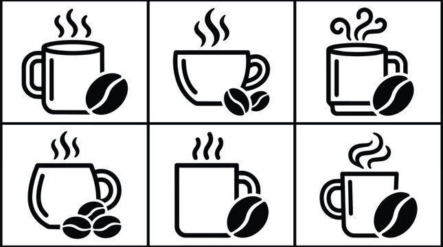 Coffee mug icon set in a 3x2 grid for vector design and coffee shop branding