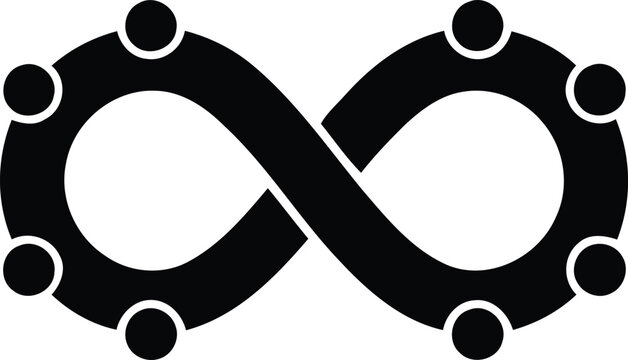 Infinity loop community logo, black abstract people figure in endless circle, unity and teamwork symbol vector, eternal partnership icon for business