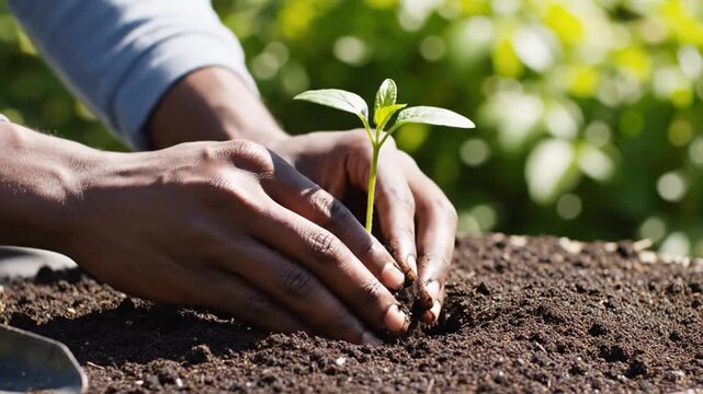 Person's hands planting small green plant seedling in rich soil