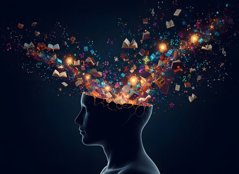 Exploding Human Mind with Books and Ideas - Creative Intelligence and Knowledge Concept Illustration