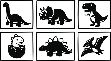 Fototapeta premium Six dinosaur icons arranged in grid in bold black vector style